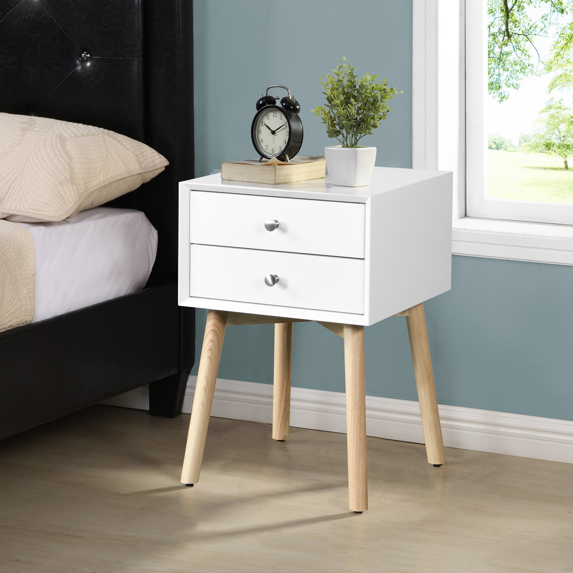 Modern Side Table With 2 Drawer, Mid-Century Storage Cabinet For Bedroom - White - Image 2