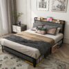 Full Size Bed Frame With Charging Station, Upholstered Headboard, Metal Platform - Dark Gray - Image 5