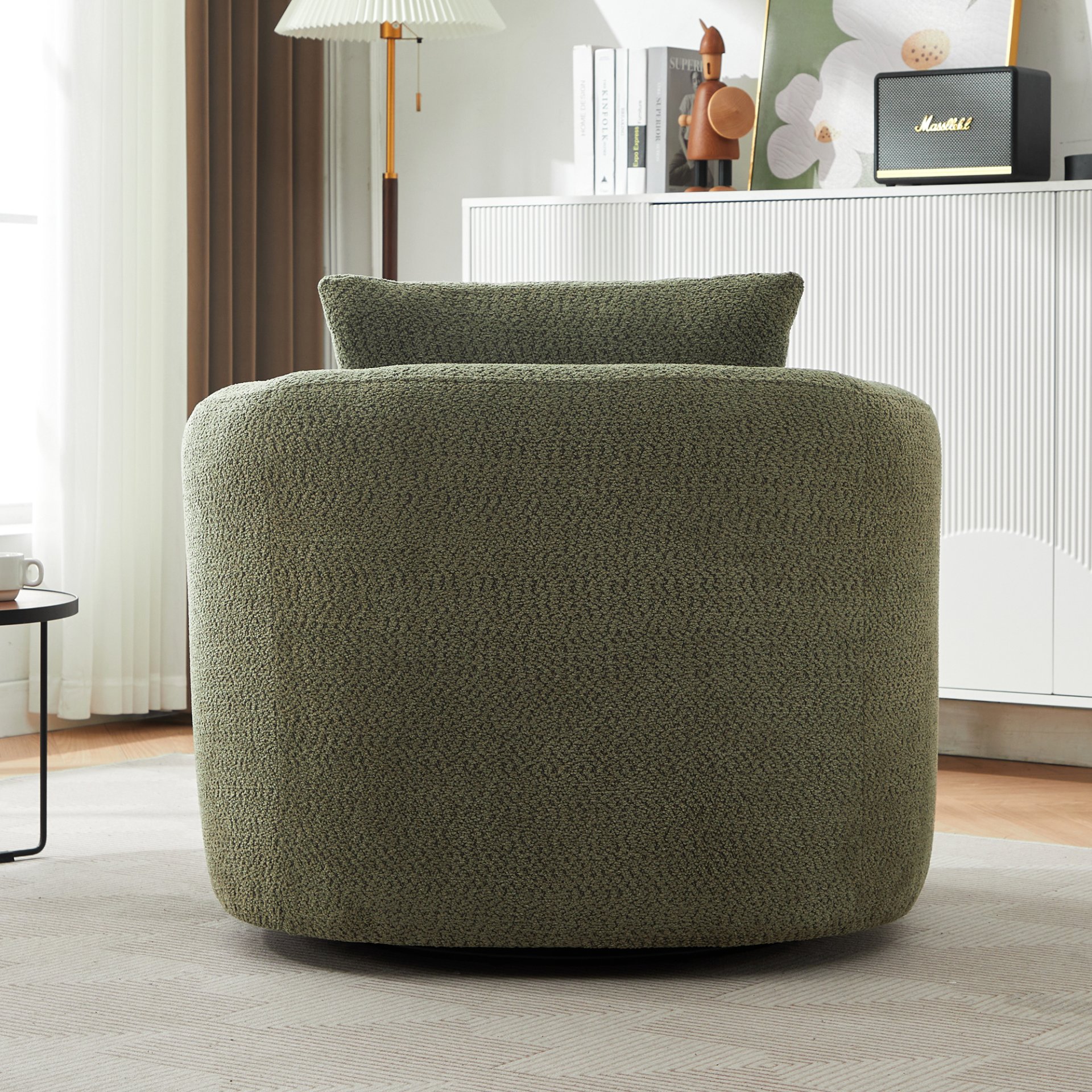 360° Swivel Chair, Chenille Upholstered Barrel Sofa Chair With Throw Pillow, For Living Room, Office - Green - Image 10