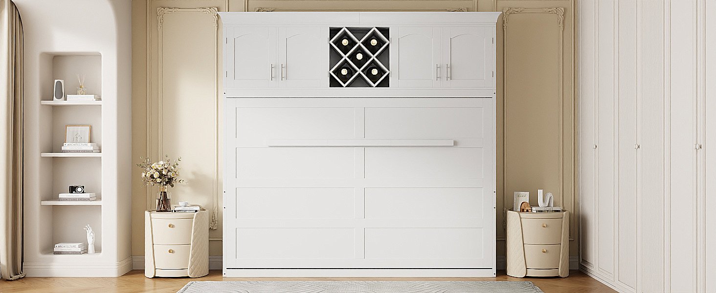 Queen Size Murphy Wall Bed With Top Cabinets & Wine Rack - White - Image 24