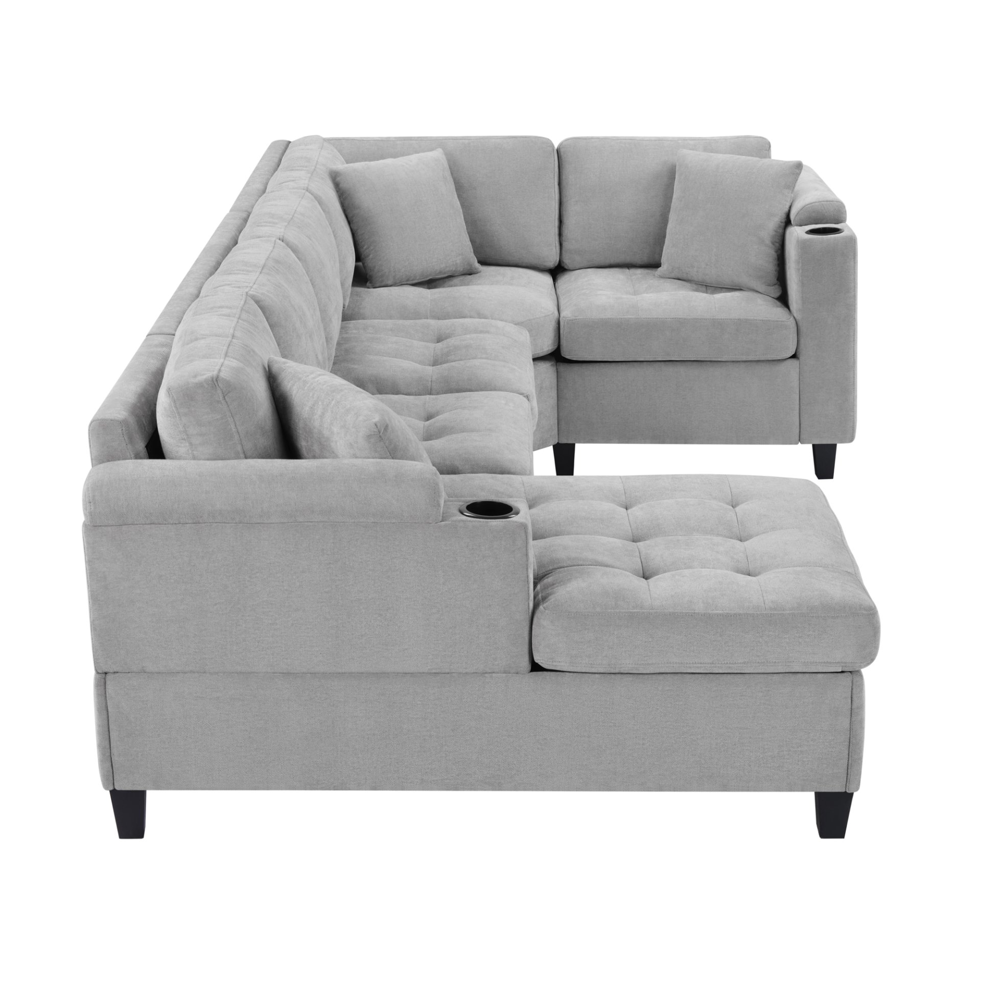 U Shaped Sectional Sofa, Corner Living Room Couch With Built In Cup Holders, Storage, USB Ports - Light Gray - Image 9