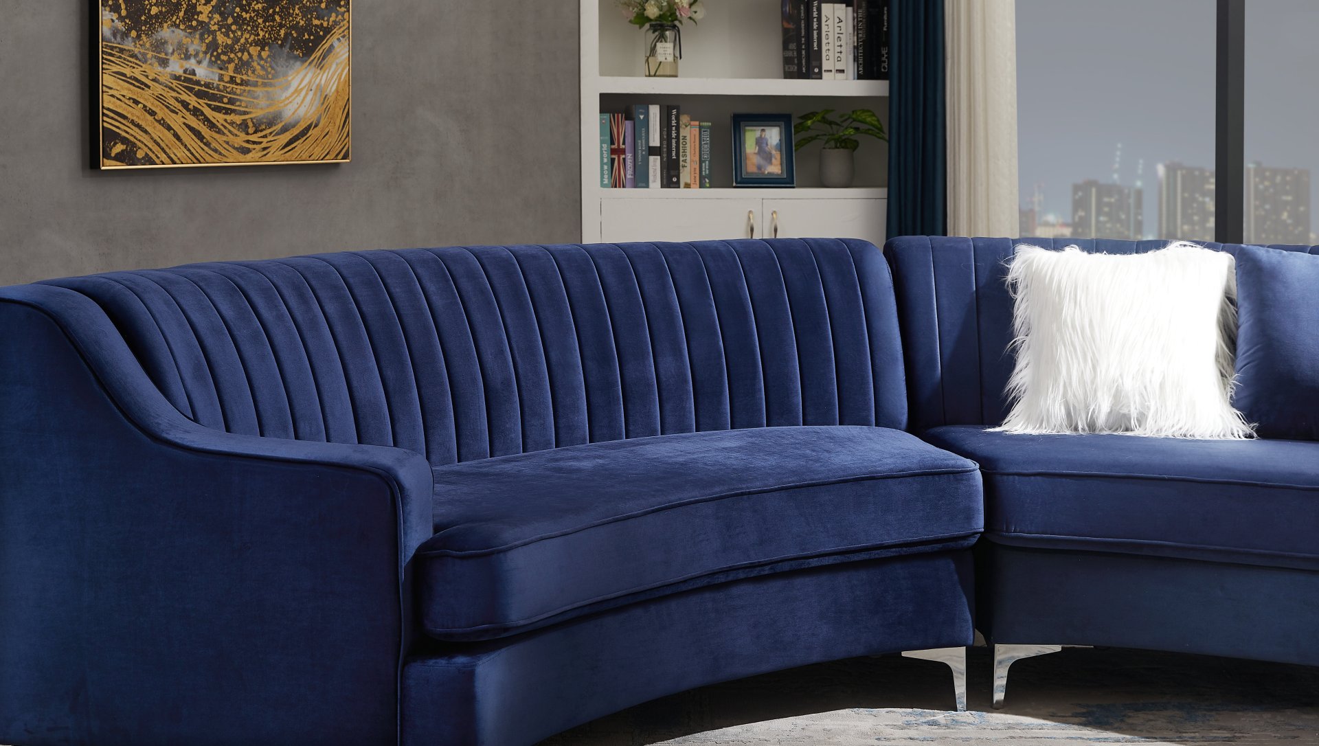 Velvet Curved Sofa - Navy Blue - Image 2