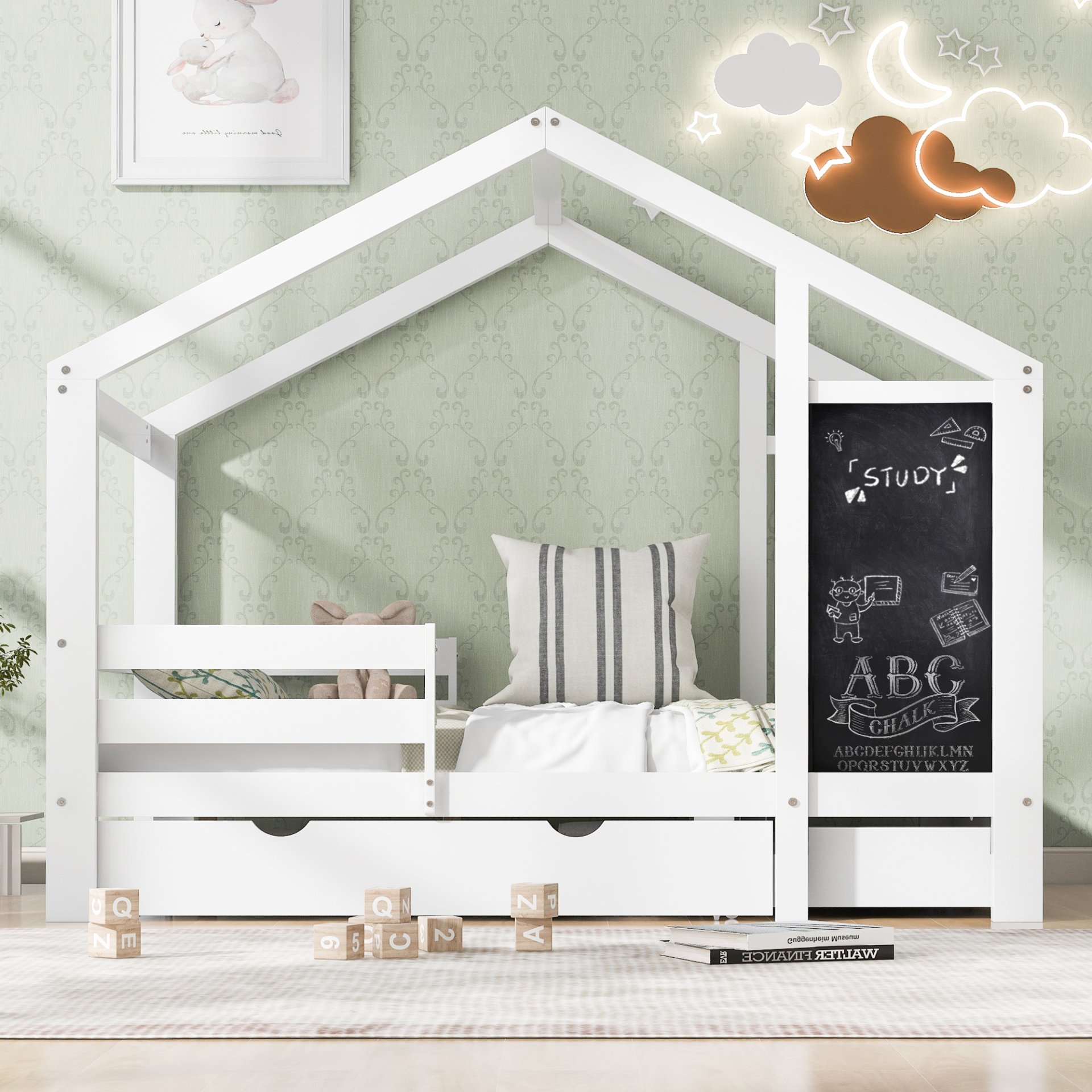 Twin House Bed With Blackboard And Drawers, 2 Assembly Options - White - Image 22