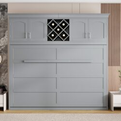 Queen Size Murphy Wall Bed With Top Cabinets & Wine Rack - Gray