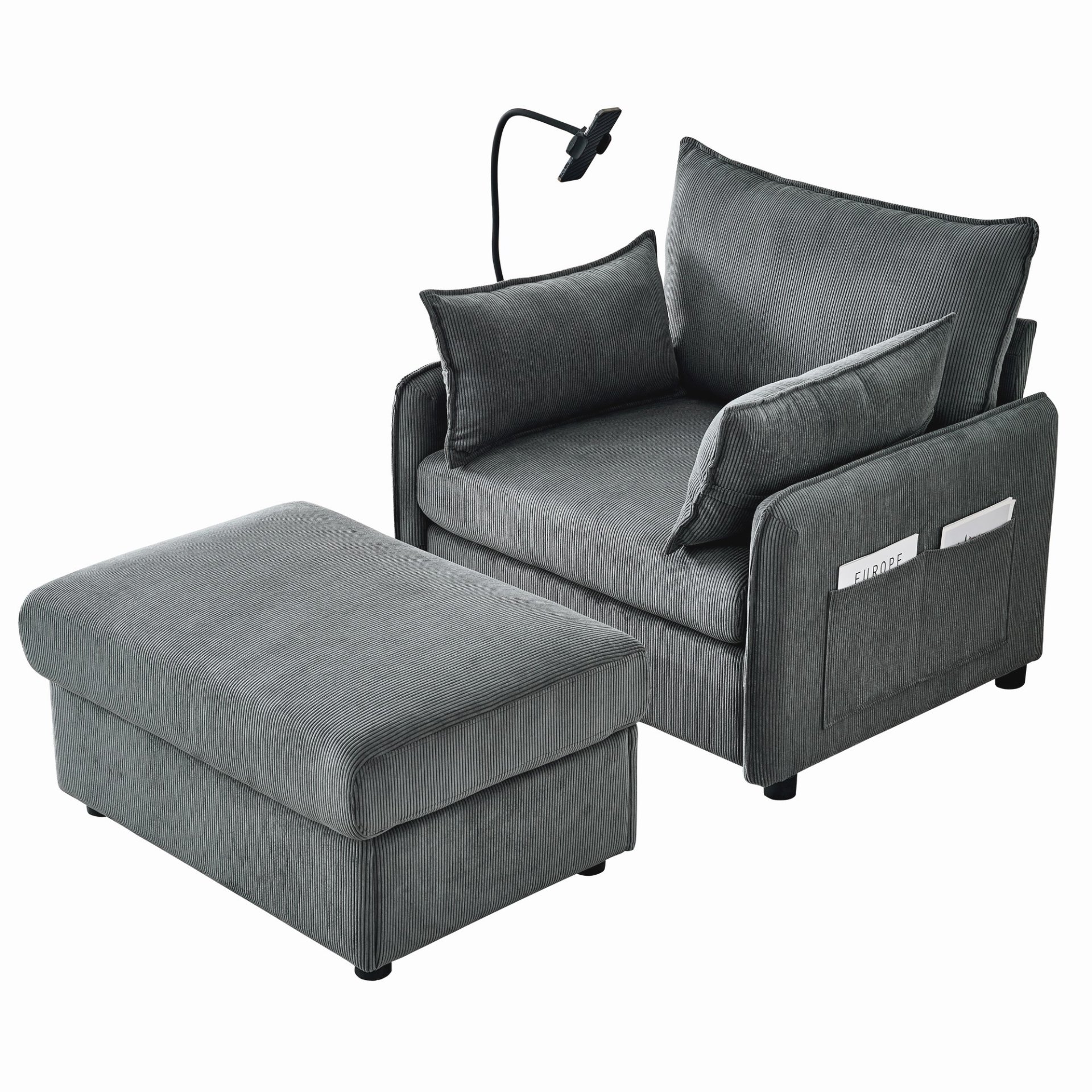 Comfy Corduroy Oversized Chaise Lounge Chair With Ottoman And Storage - Gray - Image 9