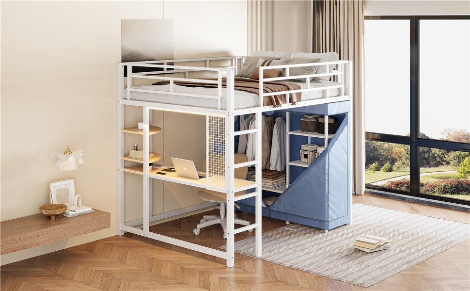 Full Size Loft Bed With Desk, Shelves, Power Outlet, LED Light And Wardrobe - White - Image 25
