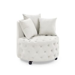 Velvet Upholstered Swivel Chair With Button Tufted Design And Movable Wheels Including 3 Pillows - Beige