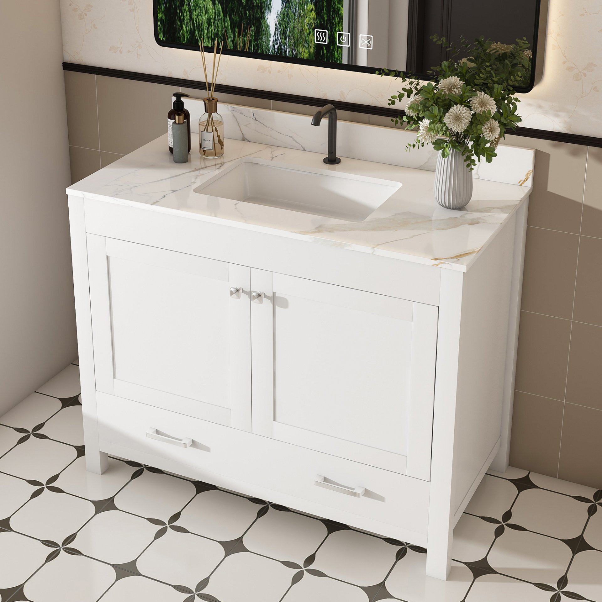 43" Bathroom Vanity, Multi Functional Cabinet, Doors And Drawer - White - Image 4