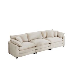 Mid Century Modern 3 Seater Sectional Sofa With Arm And Throw Pillows Light Corduroy - Beige