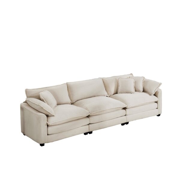 Mid Century Modern 3 Seater Sectional Sofa With Arm And Throw Pillows Light Corduroy - Beige