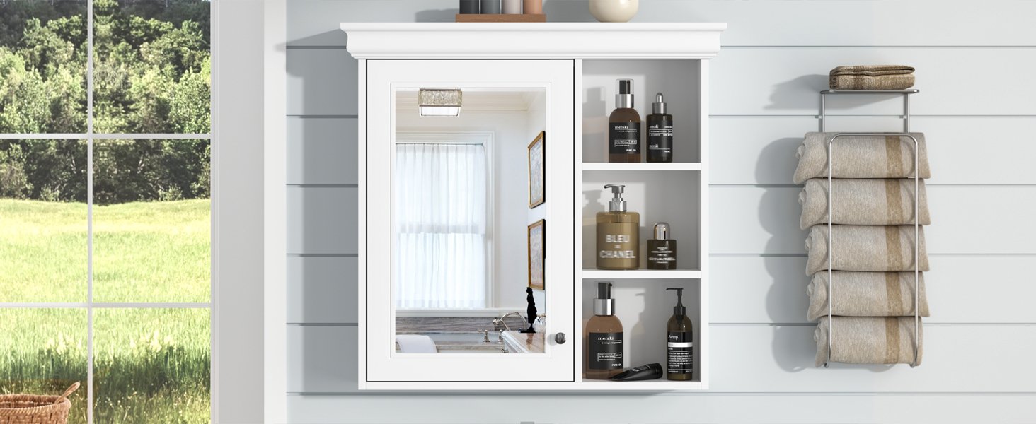 Bathroom Medicine Cabinet With Mirror, Wall Mounted Mirror Cabinet & Storage Organizer, Over The Toilet Storage White Storage Cabinet For Bathroom - White - Image 25