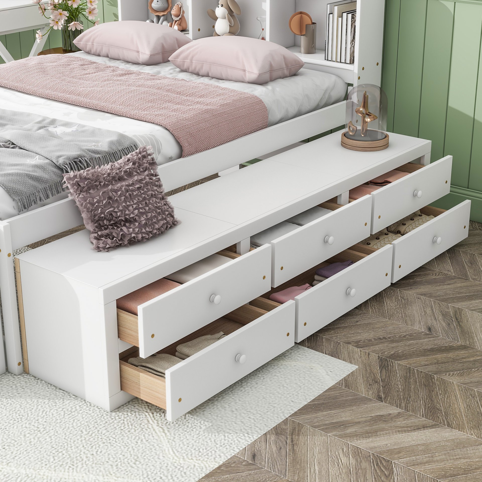Full Bed With Bookcase Headboard, Under Bed Storage Drawers And Bed End Storage Case - White - Image 4