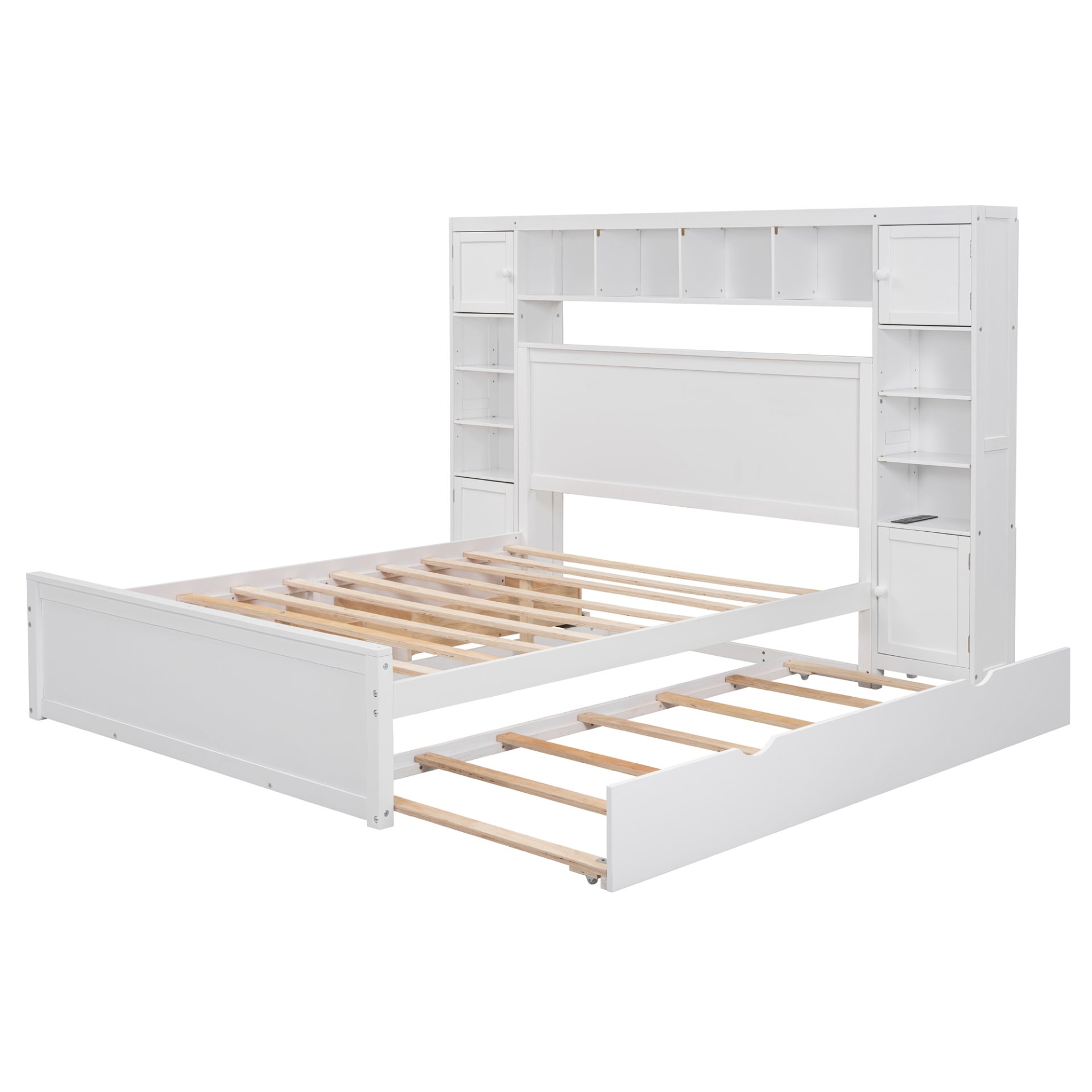 Queen Size Bed With All In One Cabinet, Shelf And Sockets, Twin Long Trundle - White - Image 3