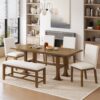 Topmax - 6 Piece Farmhouse Extendable Dining Table Set Trestle Kitchen Table Set With Removable Leaf And Upholstered Dining Chair And Bench For Dining Room - Dark Brown - Image 4