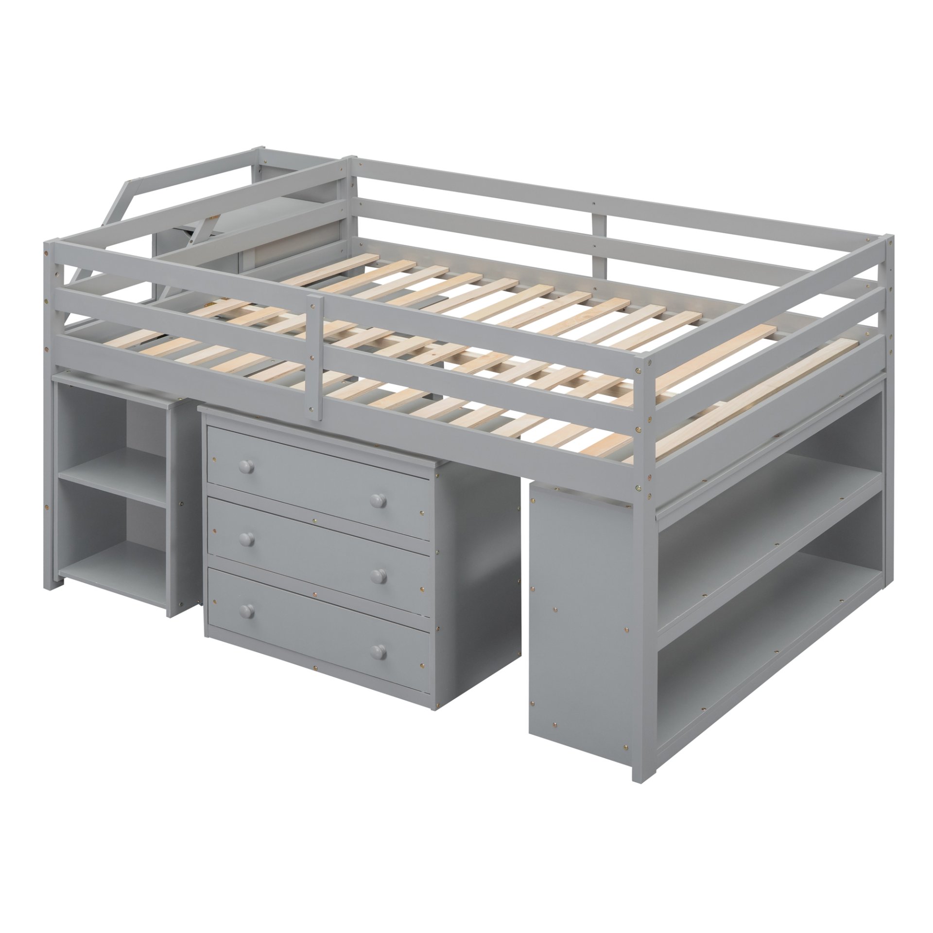 Full Size Loft Bed With Retractable Writing Desk And 3 Drawers With Storage Stairs And Shelves - Gray - Image 11