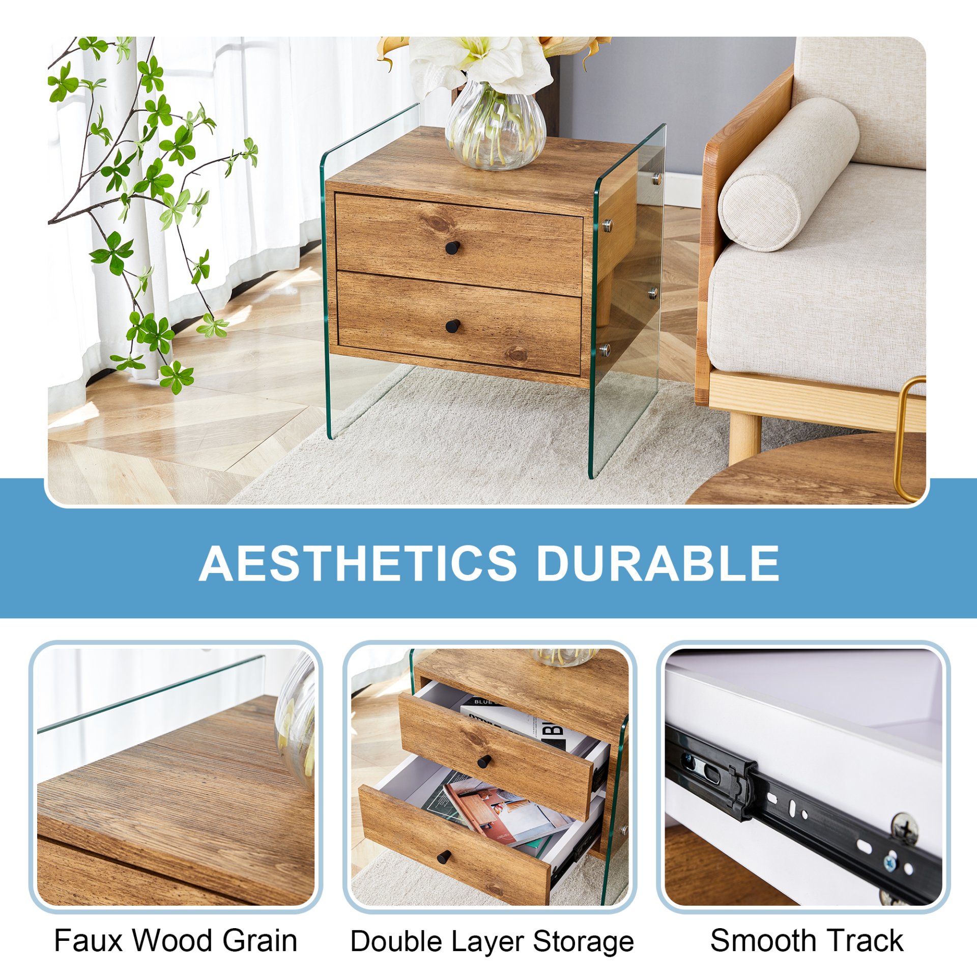 Double Drawer Bedside Table - Wood - Image 16