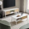 Rattan TV Cabinet With Variable Color Light Strip, Double Sliding Doors For Storage, Adjustable Shelf, Metal Legs, TV Console For Living Room - White - Image 6
