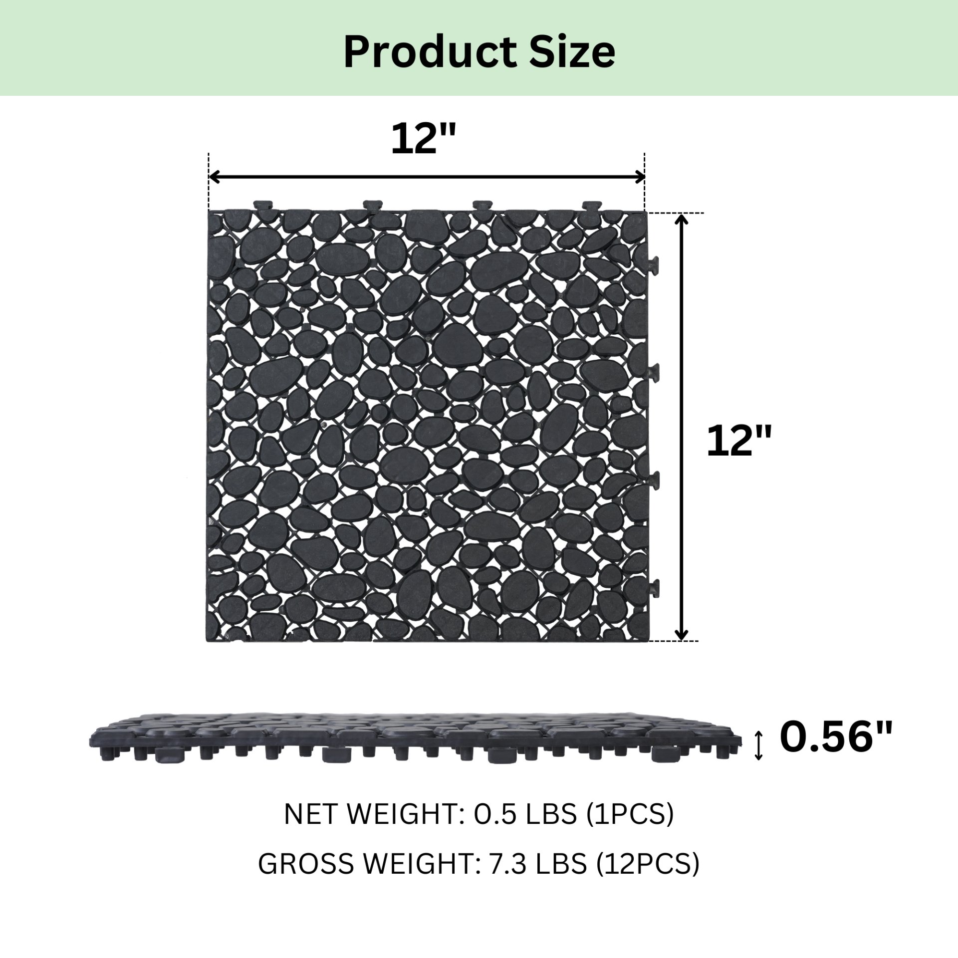 Interlocking Deck Tiles Plastic Waterproof Outdoor All Weather Anti-Slip Bathroom Shower Balcony Porch Strong Weight Capacity Upto 440 Lbs, Pebble Stone Pattern Pack Of 12 - Black - Image 3