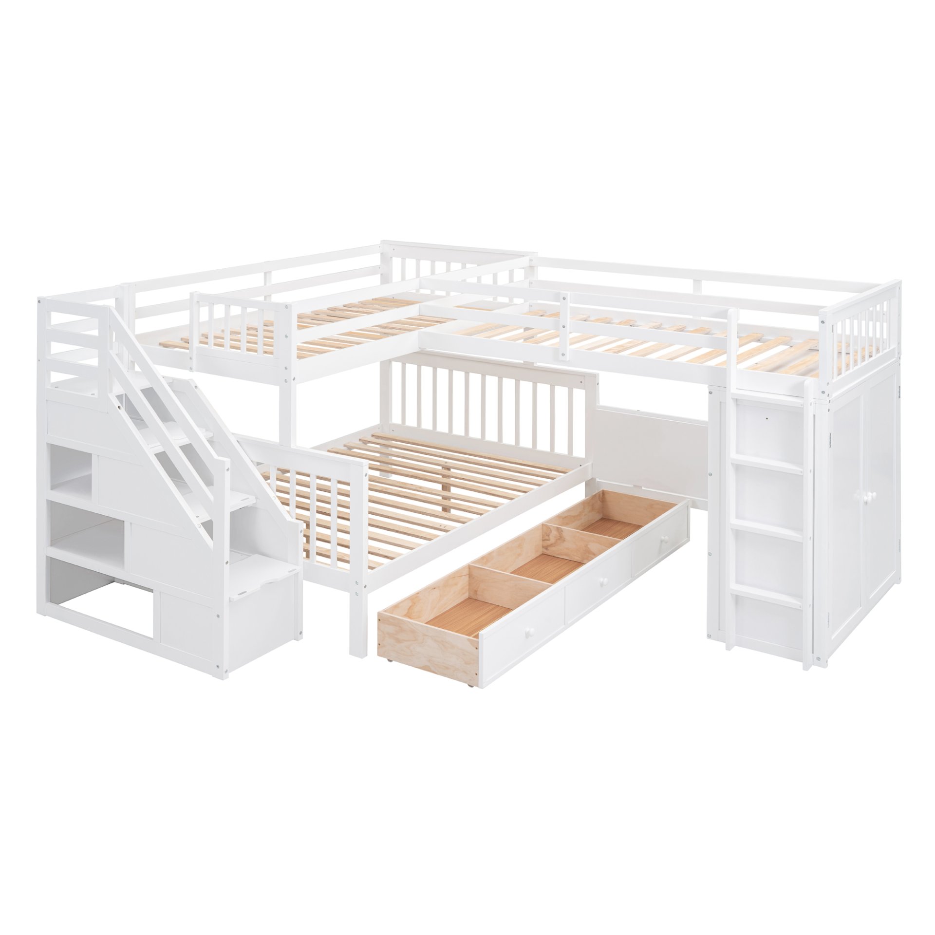 Twin Twin Over Full L Shaped Bunk Bed With 3 Drawers, Portable Desk And Wardrobe - White - Image 3