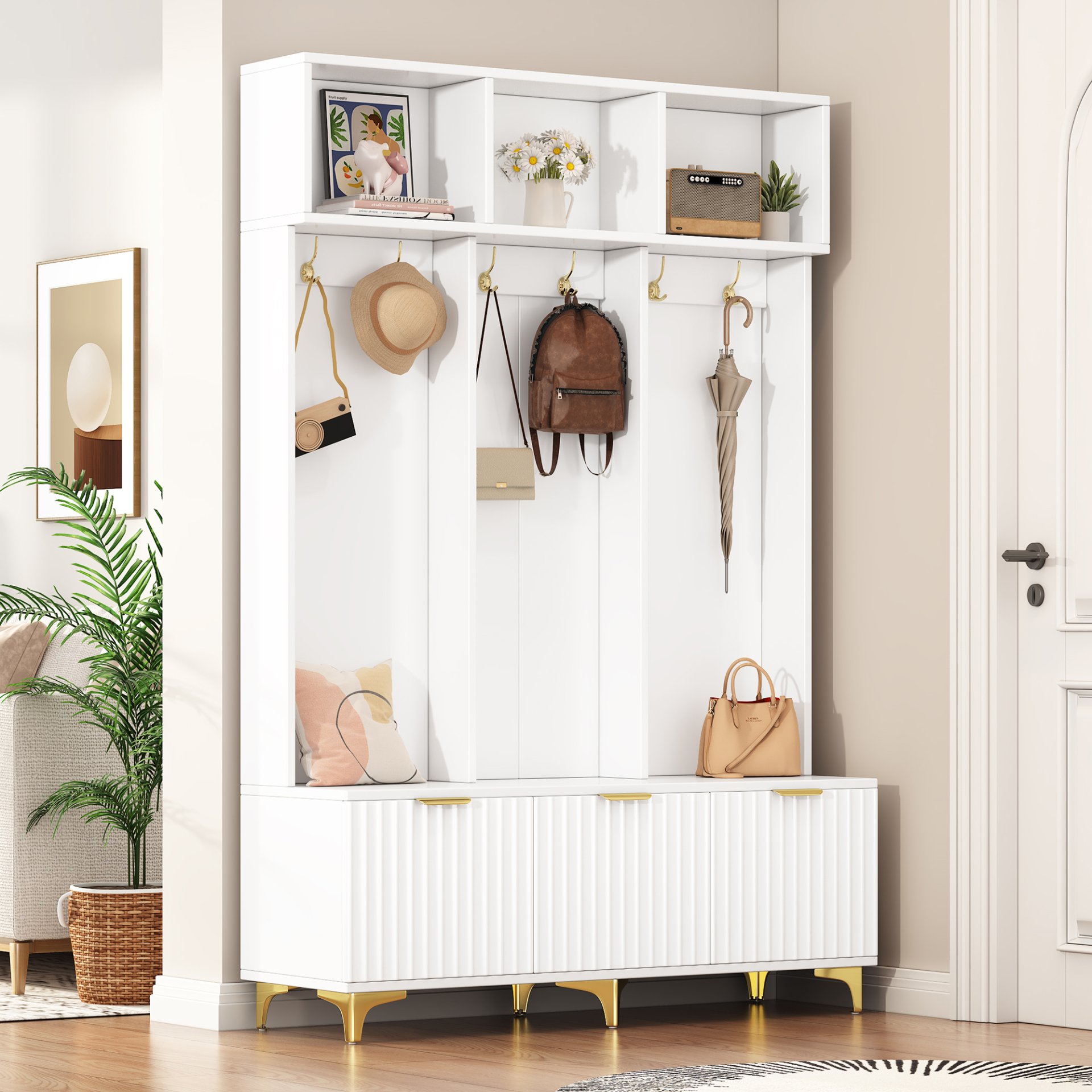 Modern Large Storage Hall Tree With Bench, Luxurious Coat Rack With 6 Hooks And Legs For Entryway, Living Room - White / Gold - Image 2