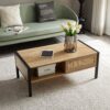 40.16" Rattan Coffee Table, Sliding Door For Storage, Metal Legs, Modern Table For Living Room - Natural - Image 2