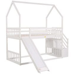Twin Over Twin House Bunk Bed With Convertible Slide, Storage Staircase - White