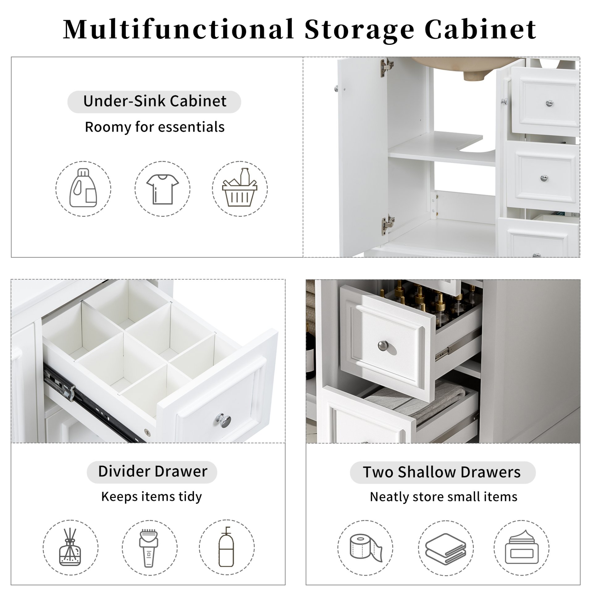 36" Transitional Bathroom Vanity With Sink, Soft Close Doors, Adjustable U Shelf, 3 Drawers - White - Image 8
