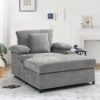 Modern Oversized Chair & Ottoman, Chenille Fabric Sofa Bed, Accent Chair Comfy Sofa With Cupholders And USB Charging Ports Chair For Living Room, Bedroom, Apartment - Gray - Image 2