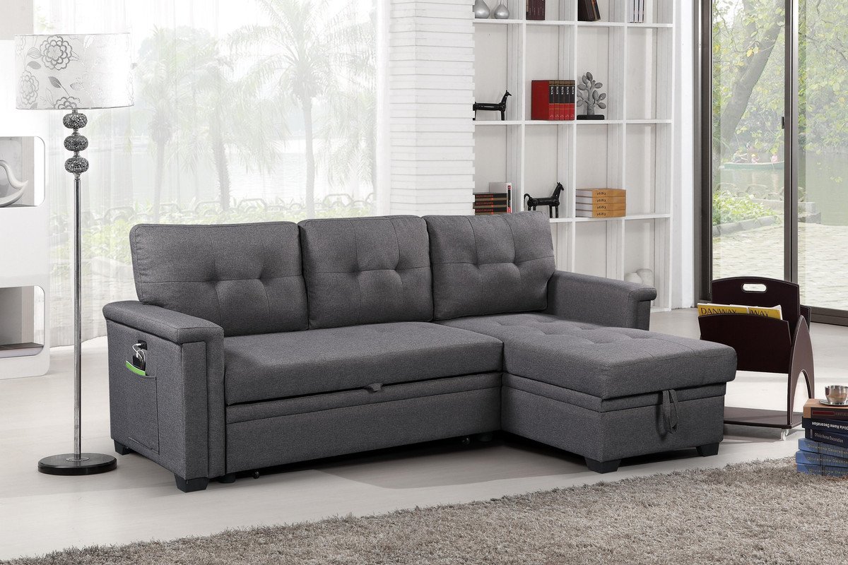 Ashlyn - Reversible Sleeper Sectional Sofa With Storage Chaise, USB Charging Ports nd Pocket - Dark Gray - Image 7