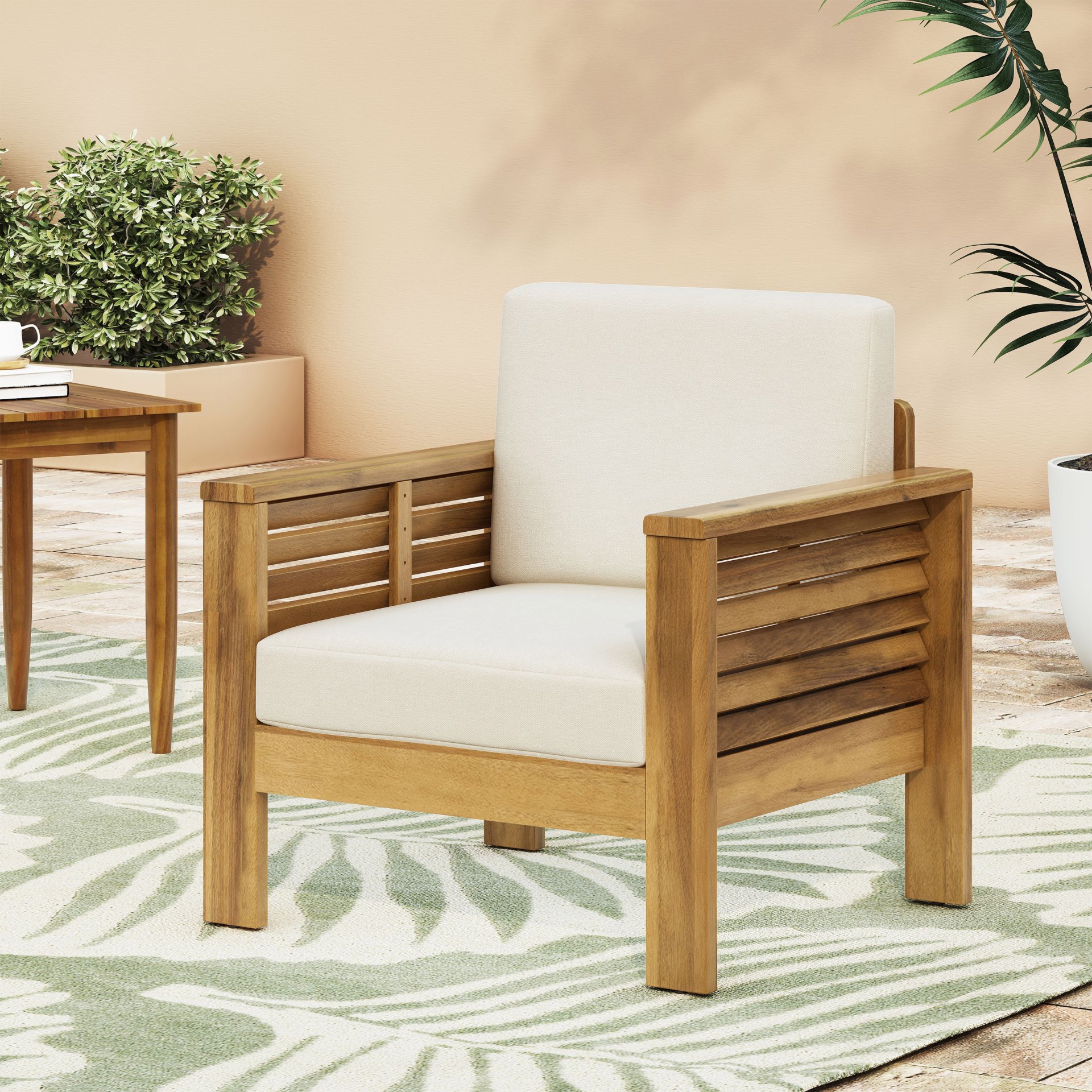 Outdoor Acacia Wood Club Chairs With Cushions - Teak / Beige - Image 4