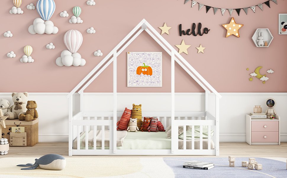 Full Wood House-Shaped Floor Bed With Fence, Guardrails - White - Image 7