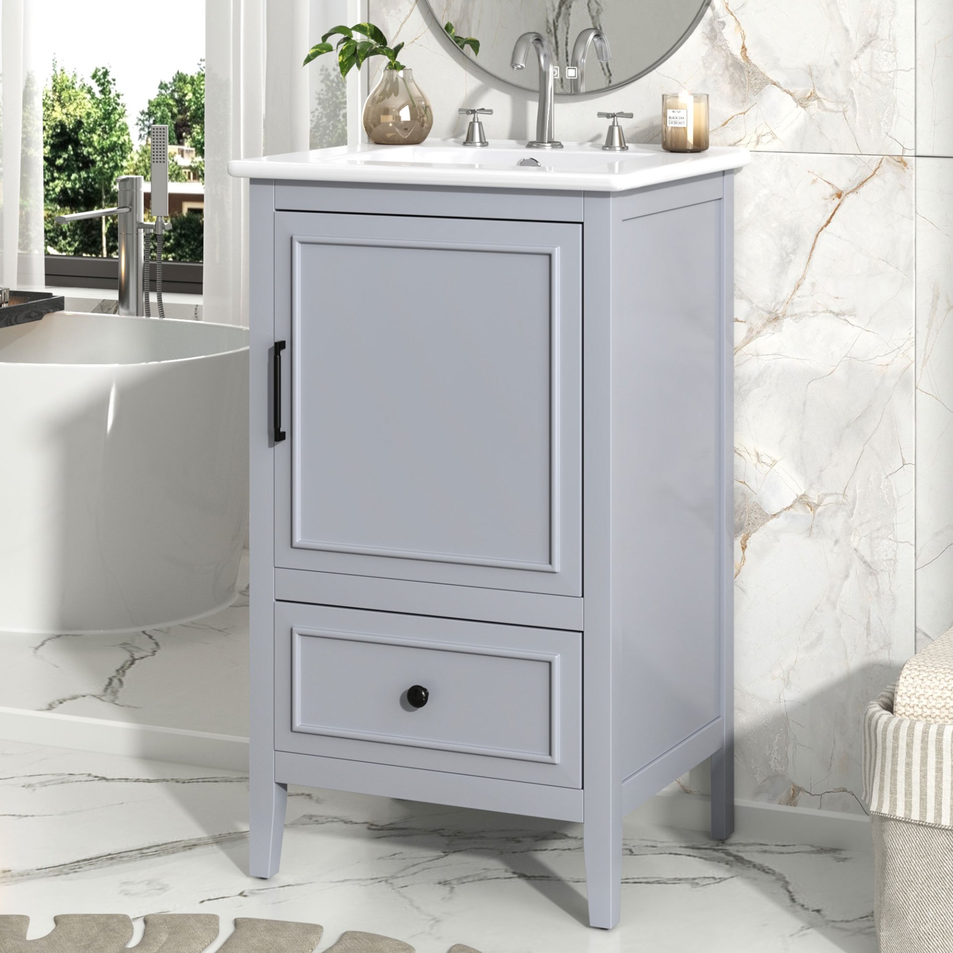 20" Bathroom Vanity With Sink, Bathroom Cabinet With A Door, Door Shelf Storage And Adiustable Foot Pads, A Drawer - Gray - Image 2