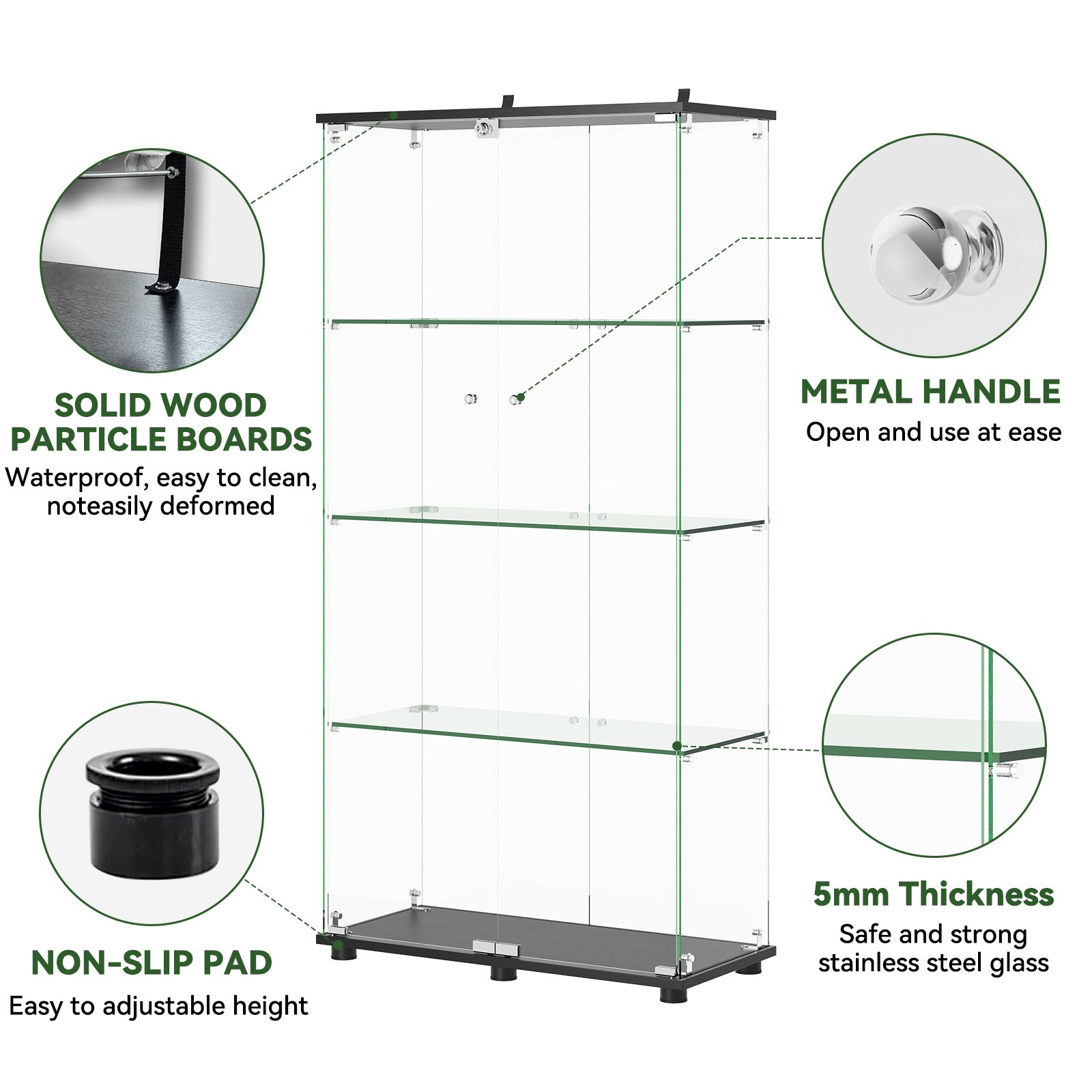 Modern Glass Display Cabinet With 4 Shelf Double Doors And Lock, Tempered Glass Bookshelf For Living Room - Black - Image 4