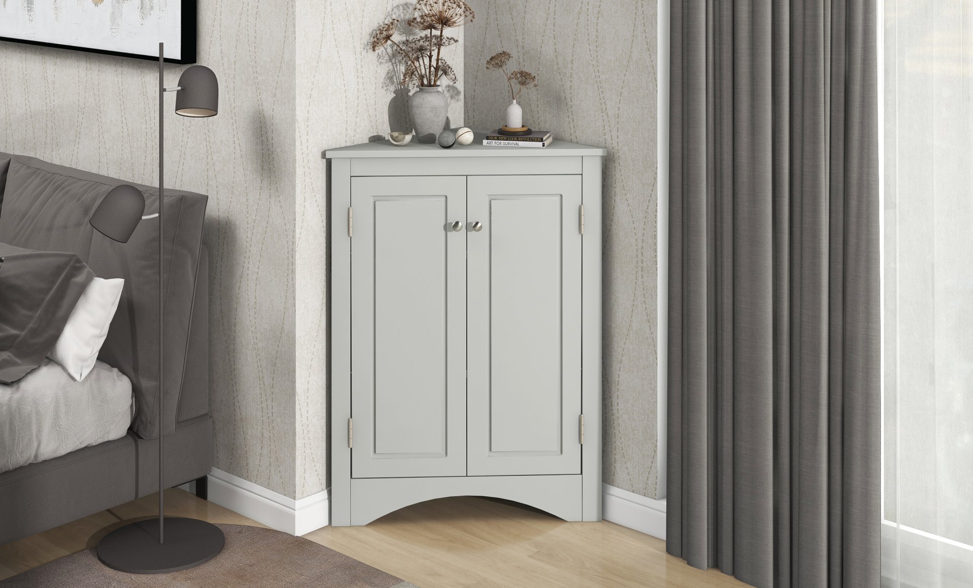 Triangle Bathroom Storage Cabinet With Adjustable Shelves, Freestanding Floor Cabinet For Home Kitchen - Gray - Image 7