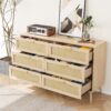 Rattan 6 Drawers Chest Of Dressers For Bedroom, Modern 6 Drawer Dresser, Wide Chest Of Drawers With Wood Handles, Rattan Dresser Storage Cabinet For Living Room, Bedroom, Hallway - Natural Wood / Oak - Image 5