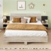 King Size Floating Platform Bed, With LED Lights, Bedside Nightstand - Natural - Image 9