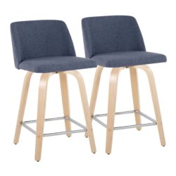 Toriano - Contemporary Fixed Height Counter Stool With Swivel With Square Footrest (Set of 2) - Natural / Blue