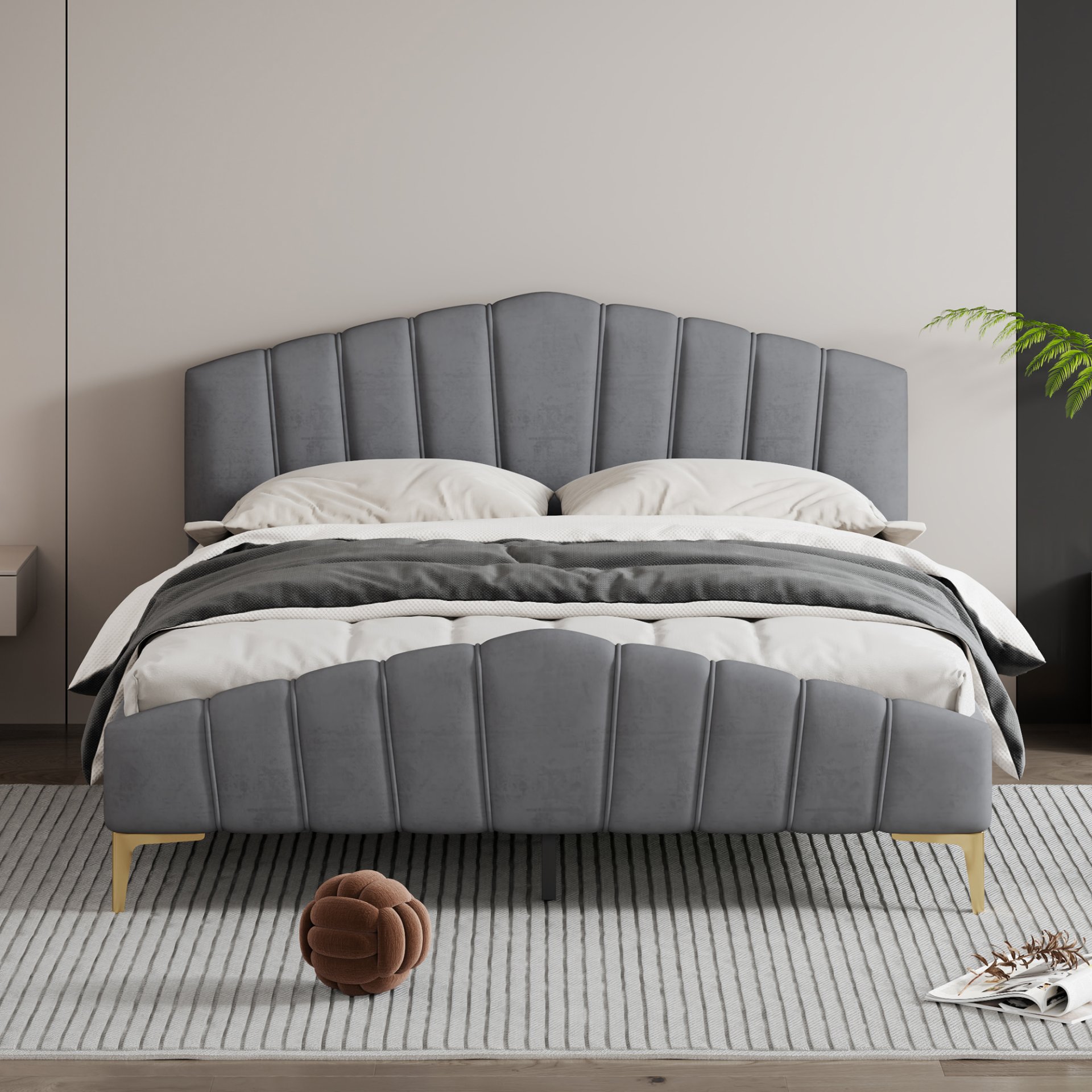 Queen Size Platform Bed With Thick, Stylish Stripe Decorated Bedboard And Elegant Leg - Gray - Image 2