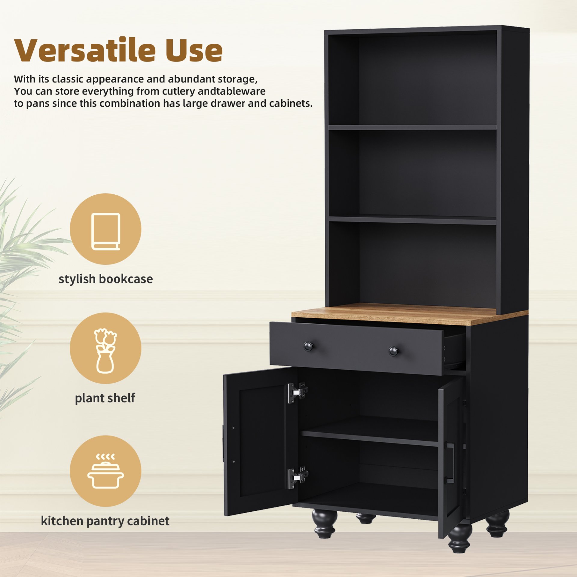 Farmhouse TV Stand With Solid Wood Gourd Shaped Legs For TVs Up To 70", Entertainment Center With Bookshelves & Tempered Glass Doors, Media Console With Adjustable Shelves, Living Room - Black / Natural - Image 12