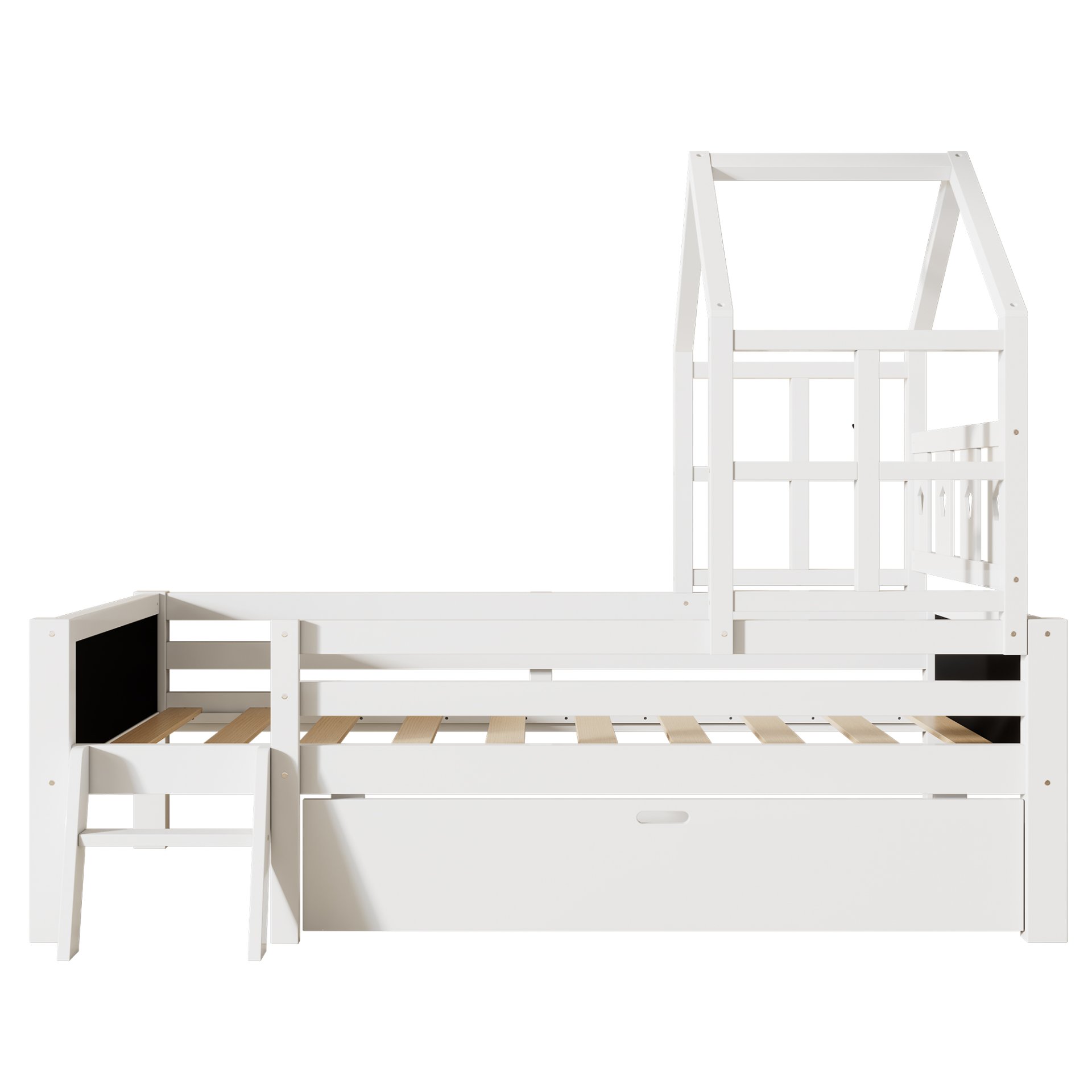Twin Size House Bed With Ladder, Storage Drawers, And Blackboard Design - White - Image 14