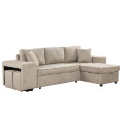 Modern L-Shape 3 Seat Reversible Sectional Couch, Pull Out Sleeper Sofa With Storage Chaise And 2 Stools For Living Room Furniture Set - Cream