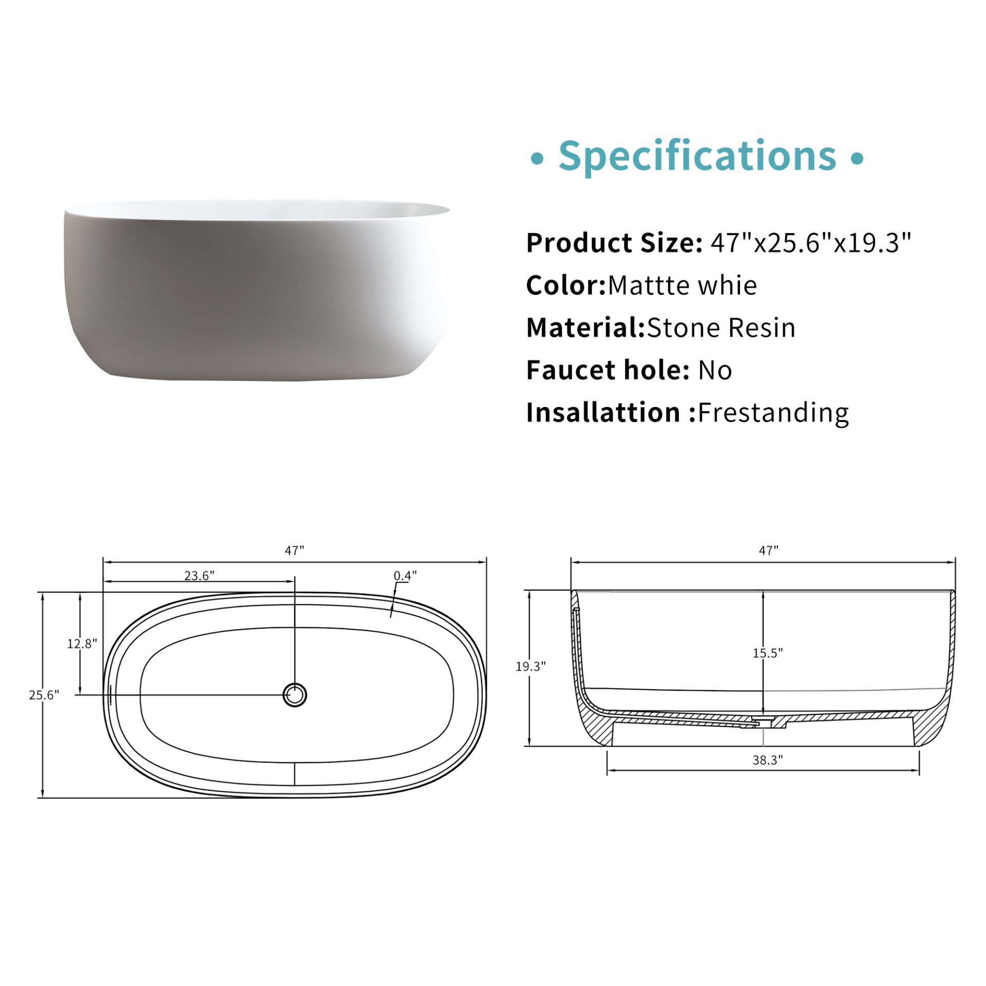 Independent Solid Surface Resin Stone Bathtub, A Modern Designed Independent Bathtub With Pop-Up Drainage And Overflow Pipes, Suitable For Small Households - Matte White - Image 3