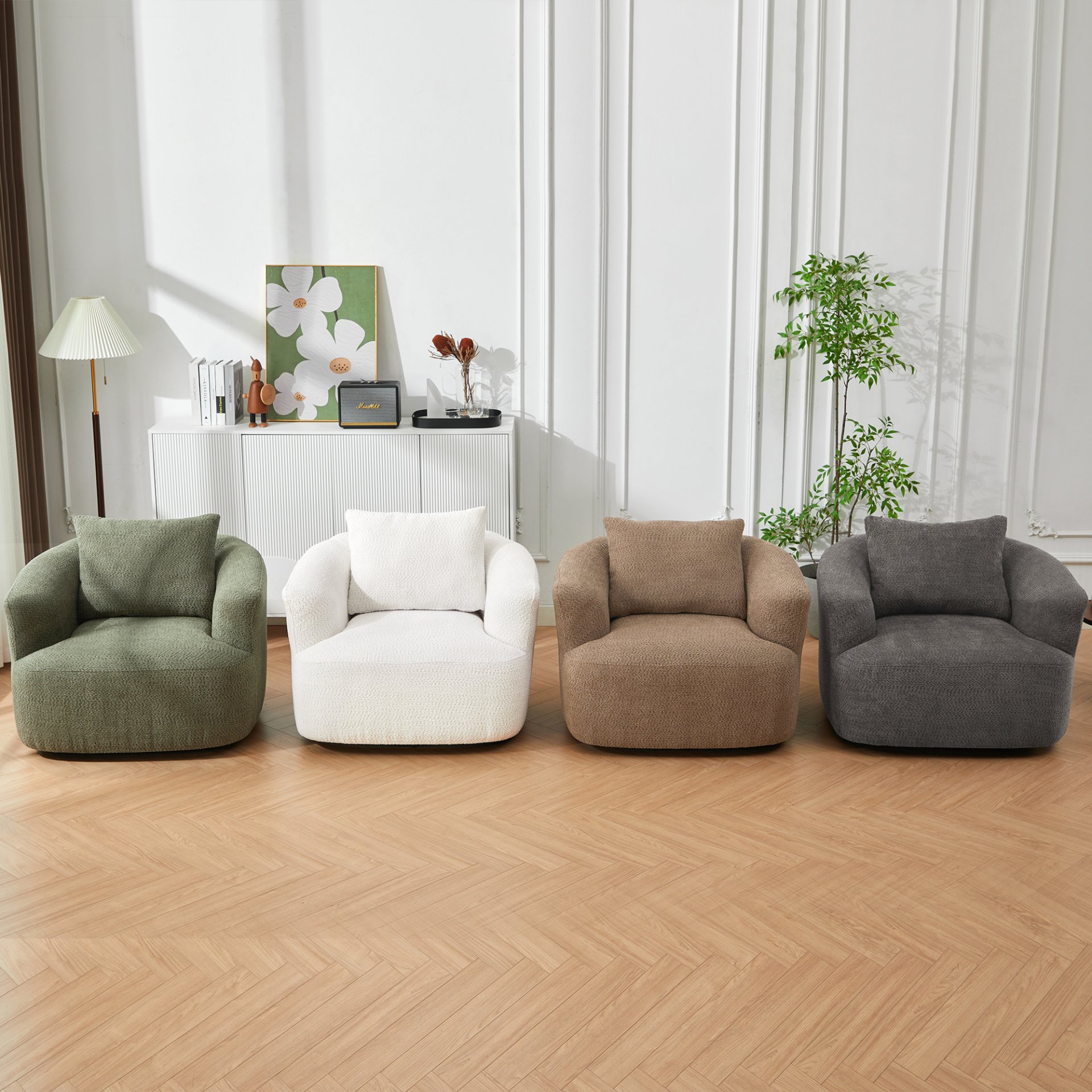 360° Swivel Chair, Chenille Upholstered Barrel Sofa Chair With Throw Pillow, For Living Room, Office - Green - Image 11