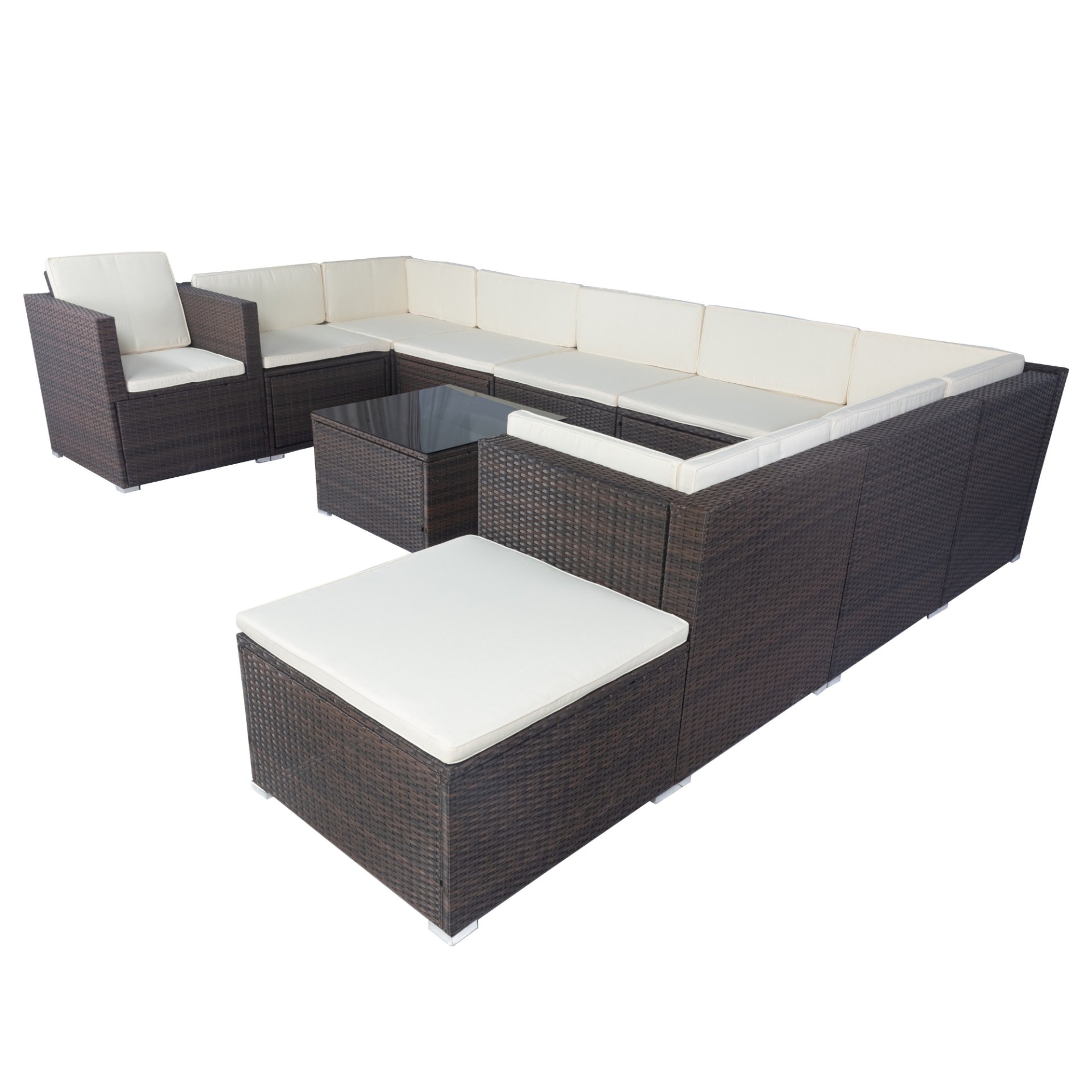 11 Piece Patio Wicker Conversation Set, 10 Seater Patio Sectional Set With 3 Storage Box Under Seat - Brown / White - Image 18