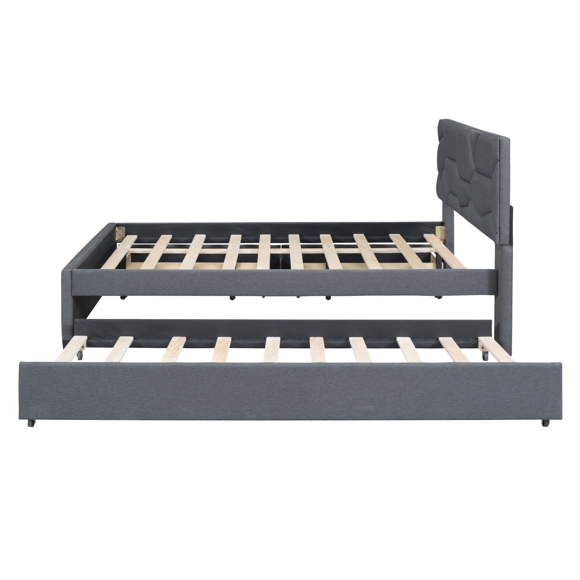 Full Size Upholstered Platform Bed With Brick Pattern Headboard, With Twin Size Trundle And 2 Drawers - Gray - Image 7