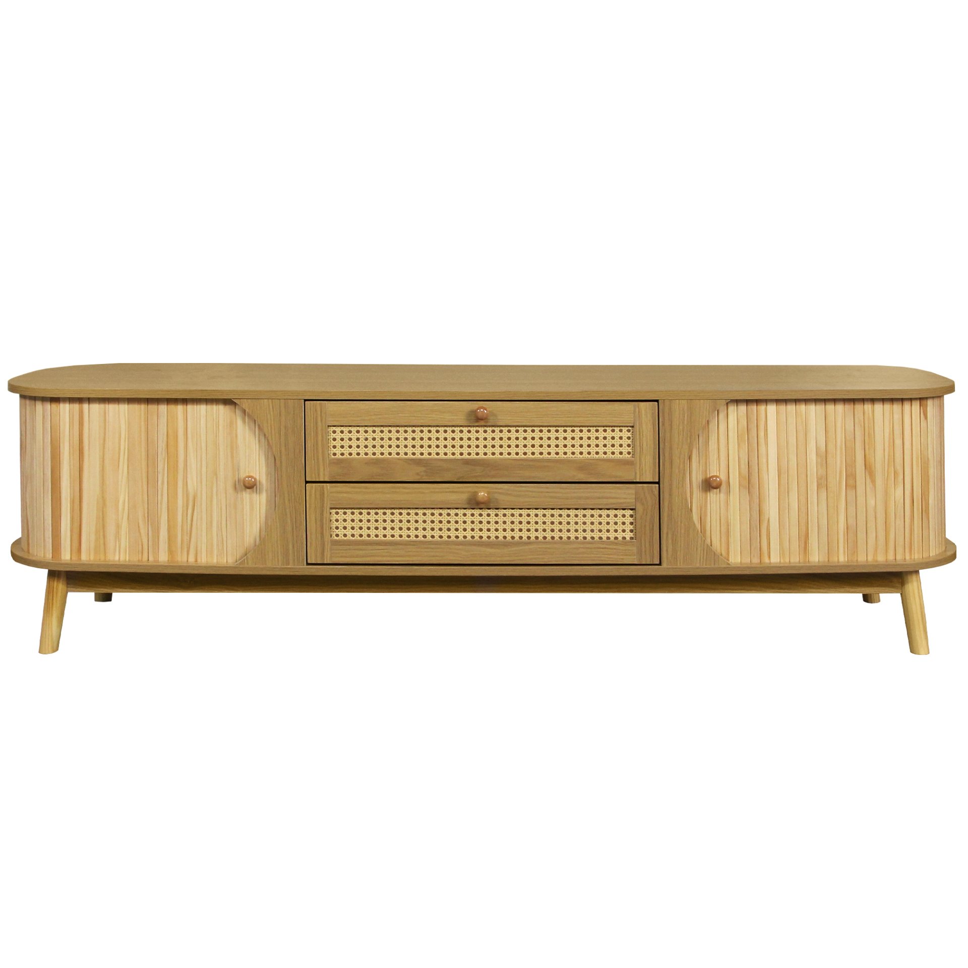 Rattan TV Stand For Tvs Up To 75'', Modern Farmhouse Media Console, Entertainment Center With Legs, TV Cabinet For Living Room, Home Theatre - Natural Wood - Image 11