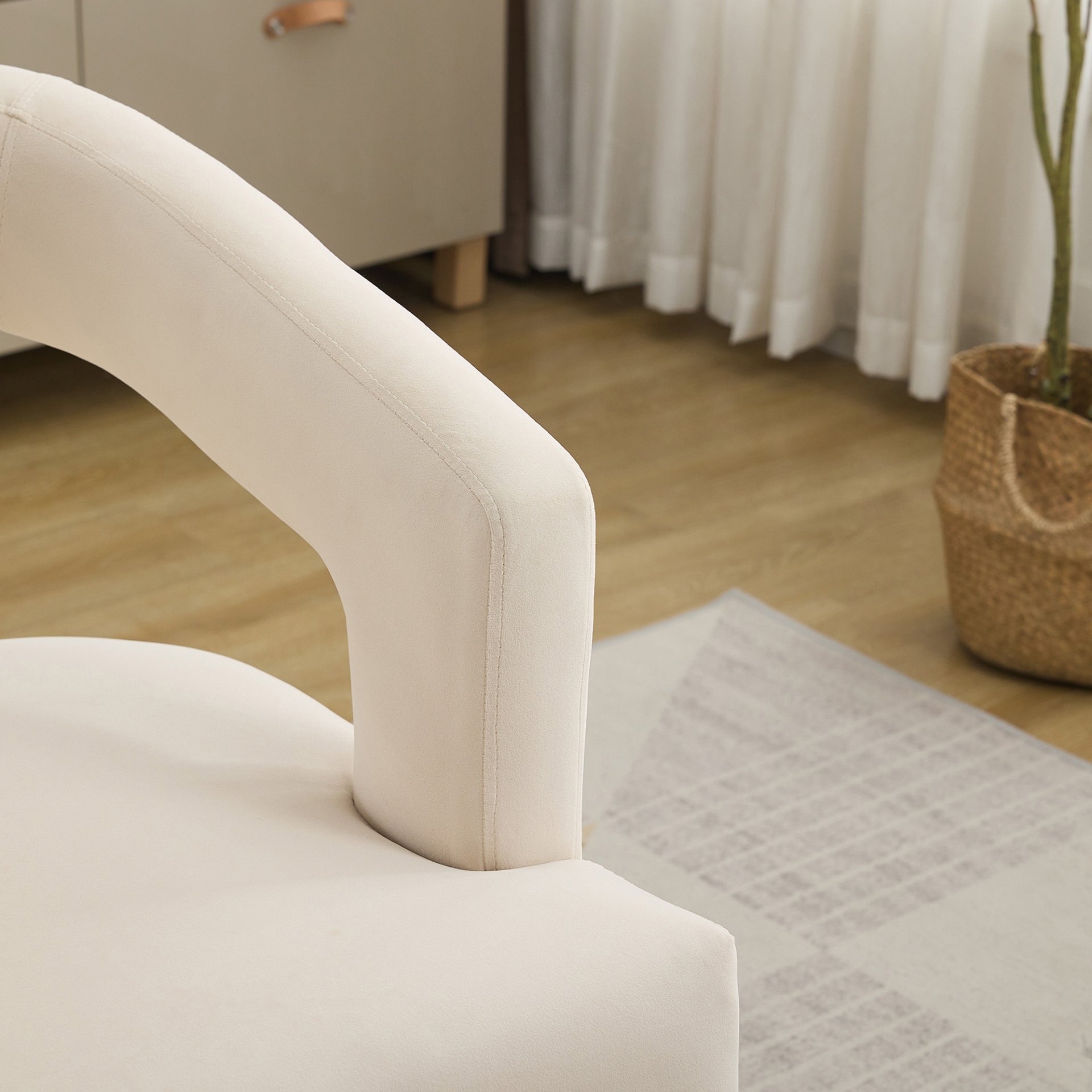 Wide Modern Barrel Open Back Upholstered Accent Chair With Weathered Solid Wood Legs Dining Chairs For Dining Room, Club, Kitchen And Living Room - Beige - Image 9