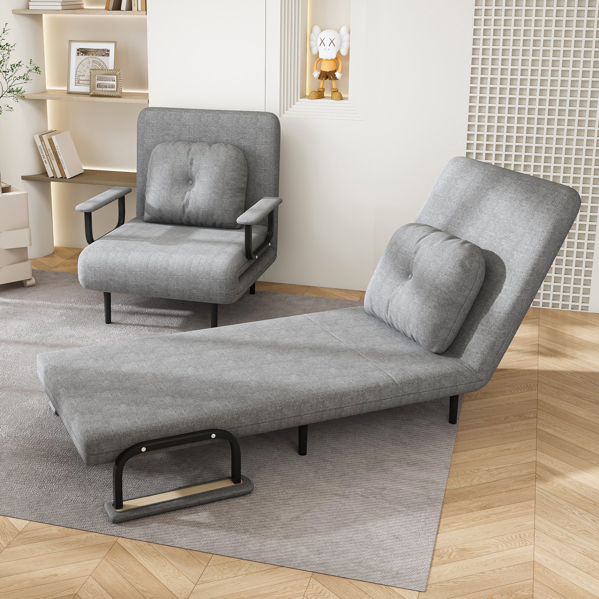 Folding Sofa Bed 5 In 1 Convertible Chair With Adjustable Backrest And Pillow Flannelette - Gray - Image 2