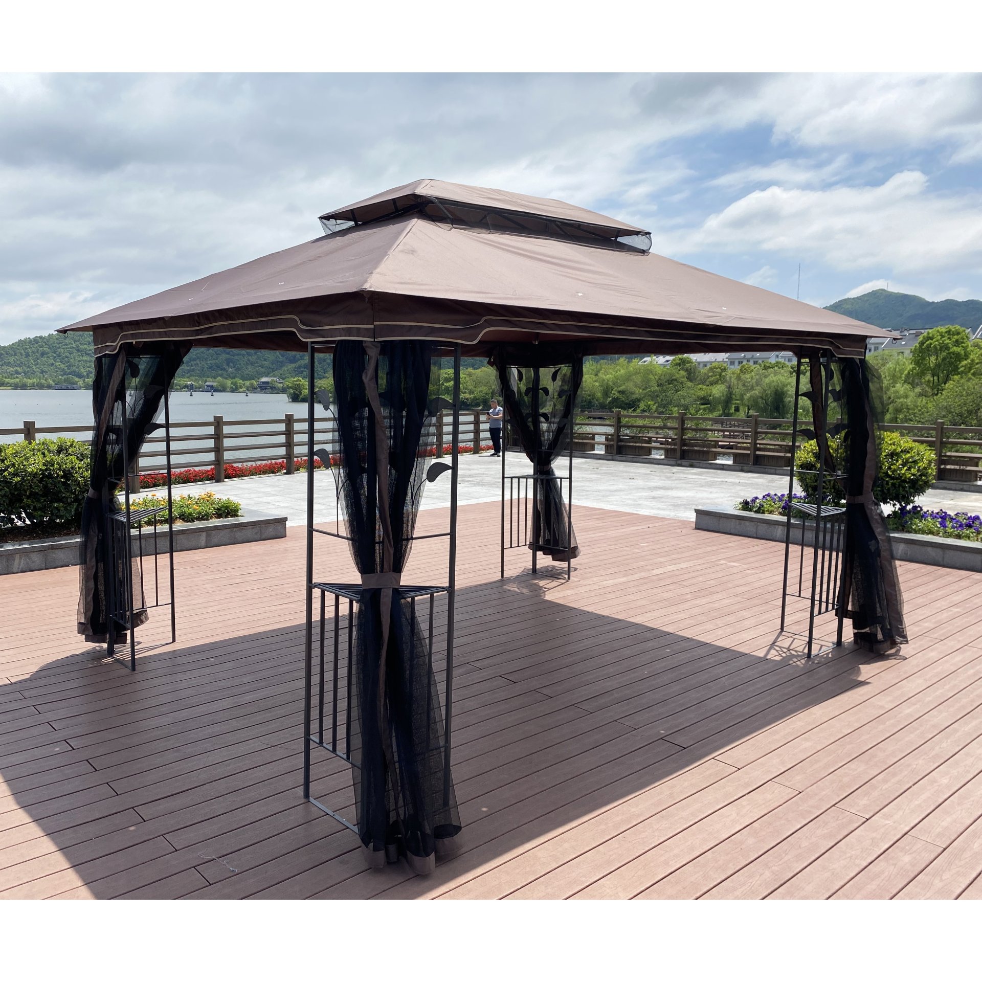13 X 10 Ft Patio Gazebo Tent With Ventilated Double Roof And Mosquito Net - Brown - Image 11