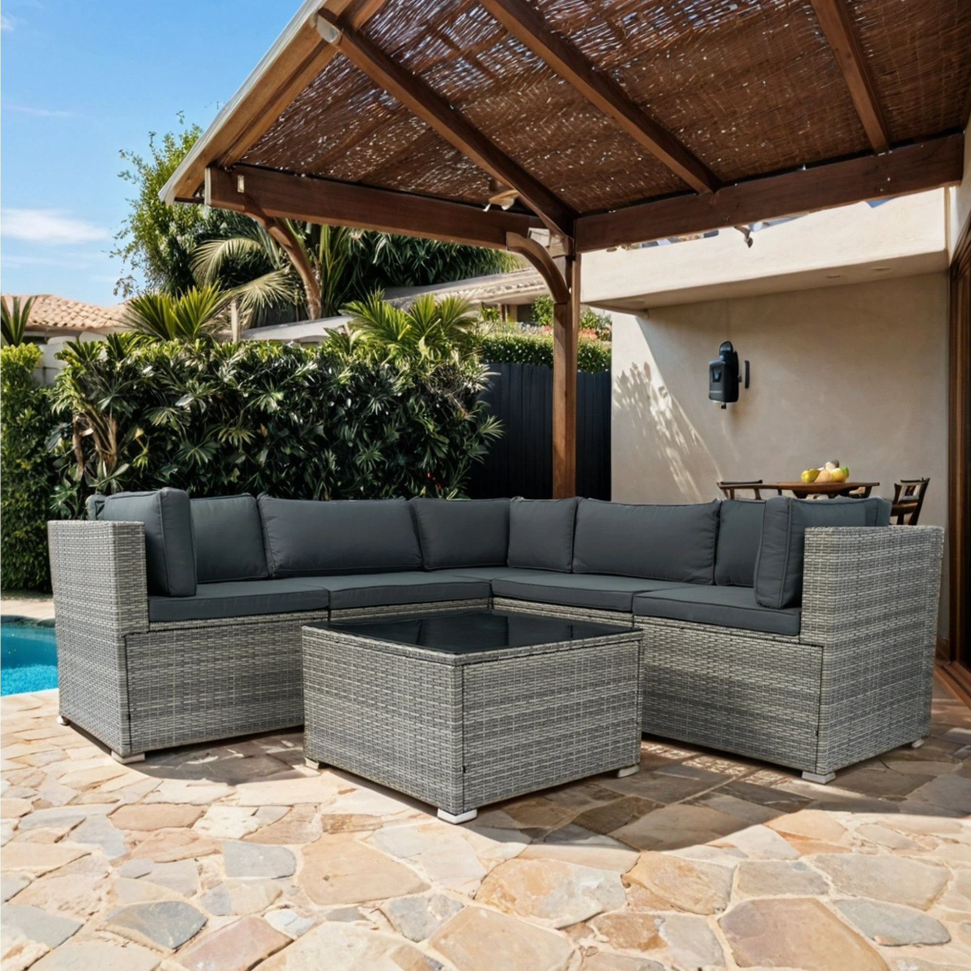 6 Pieces PE Rattan Sectional Outdoor Furniture Cushioned Sofa Set Wicker - Gray - Image 4